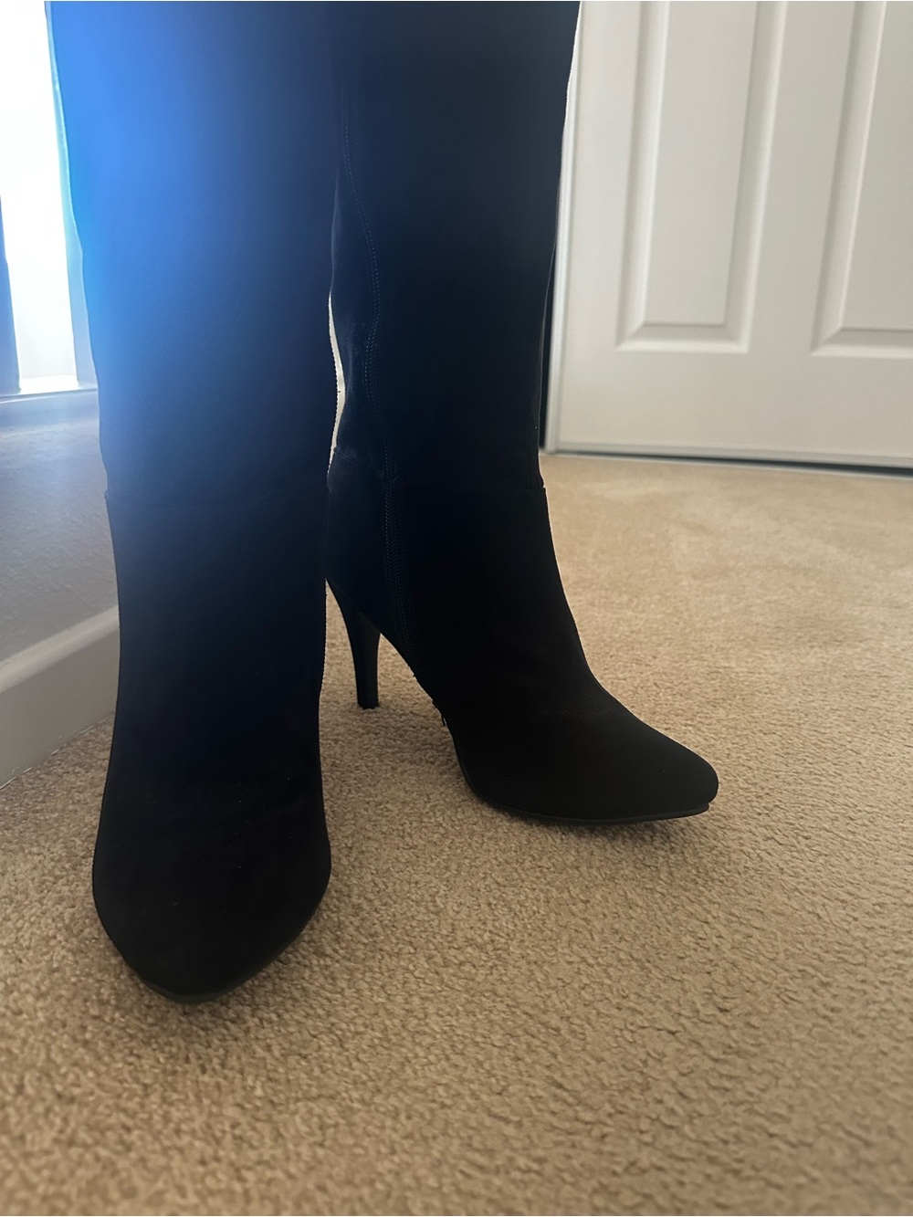 Women's Black Suede Over-the-Knee Heeled Boots - Picture 2 of 8